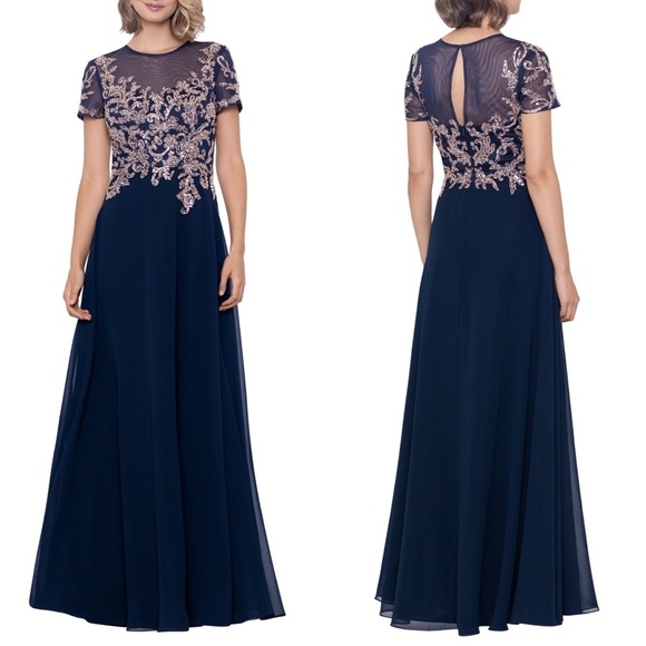 NWT Betsy & Adam Wendy Short Cap Sleeve Beaded Applique Gown in Navy/Rose Gold 6 - Picture 1 of 5